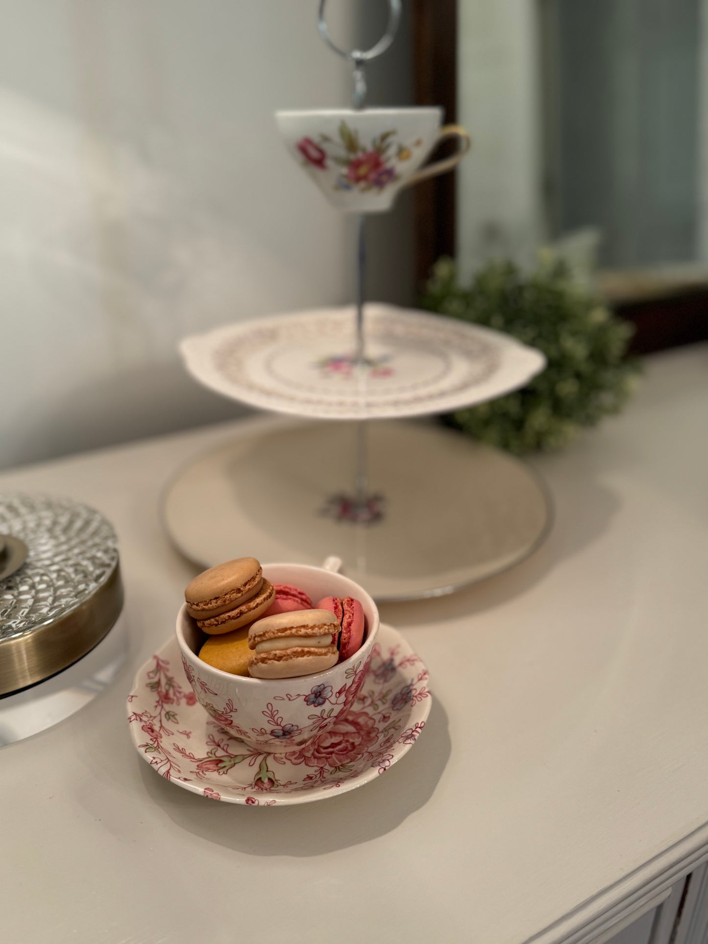 Tiered Tray Vintage China Pink Roses and Gold