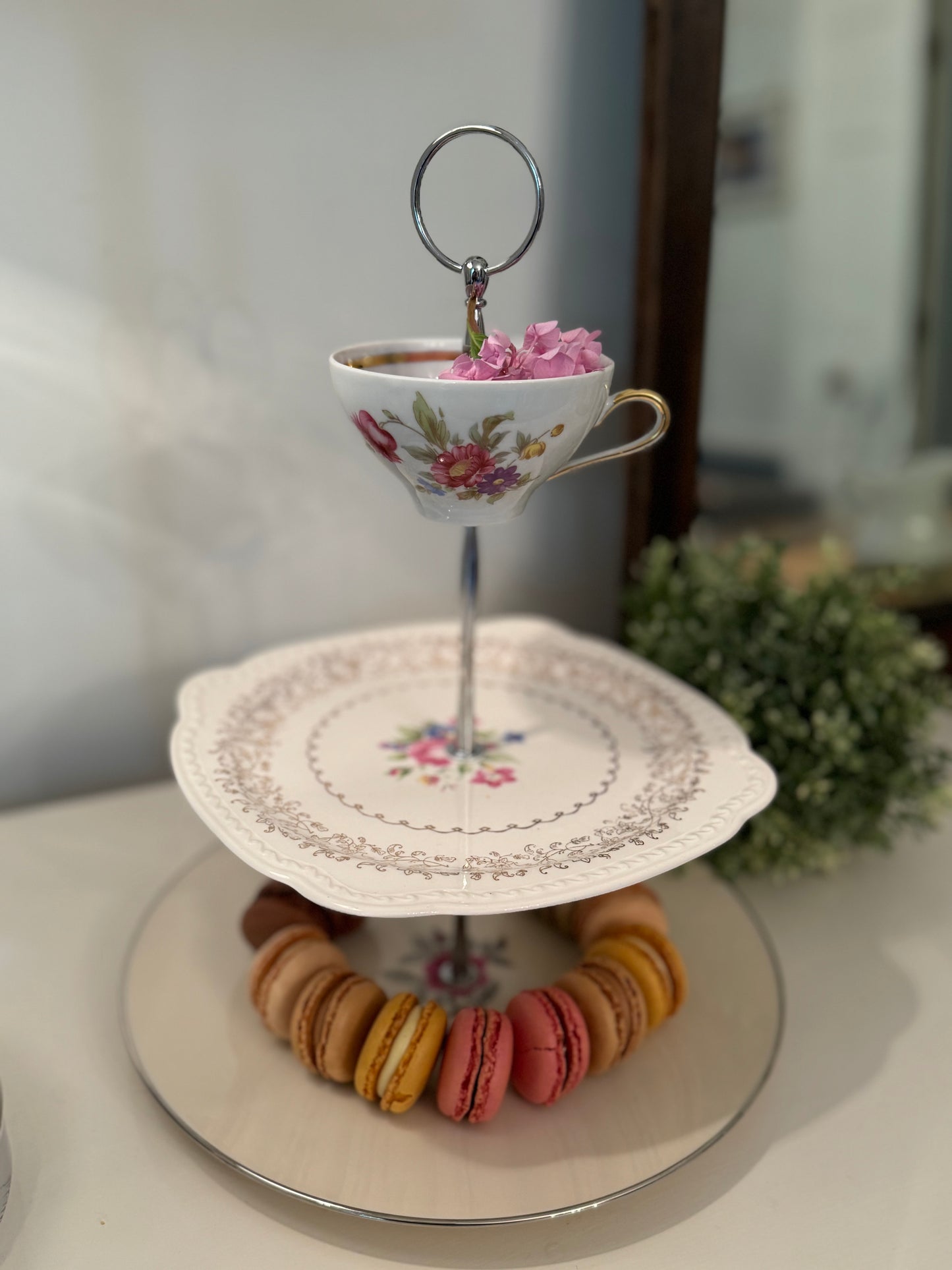 Tiered Tray Vintage China Pink Roses and Gold