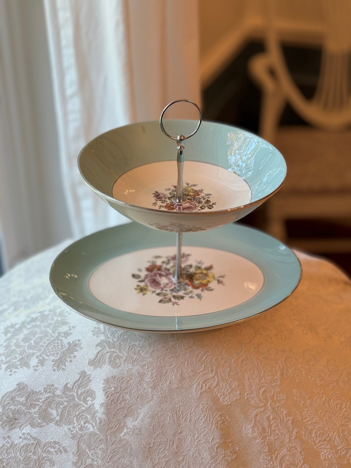 Tiered tray vintage china aqua floral