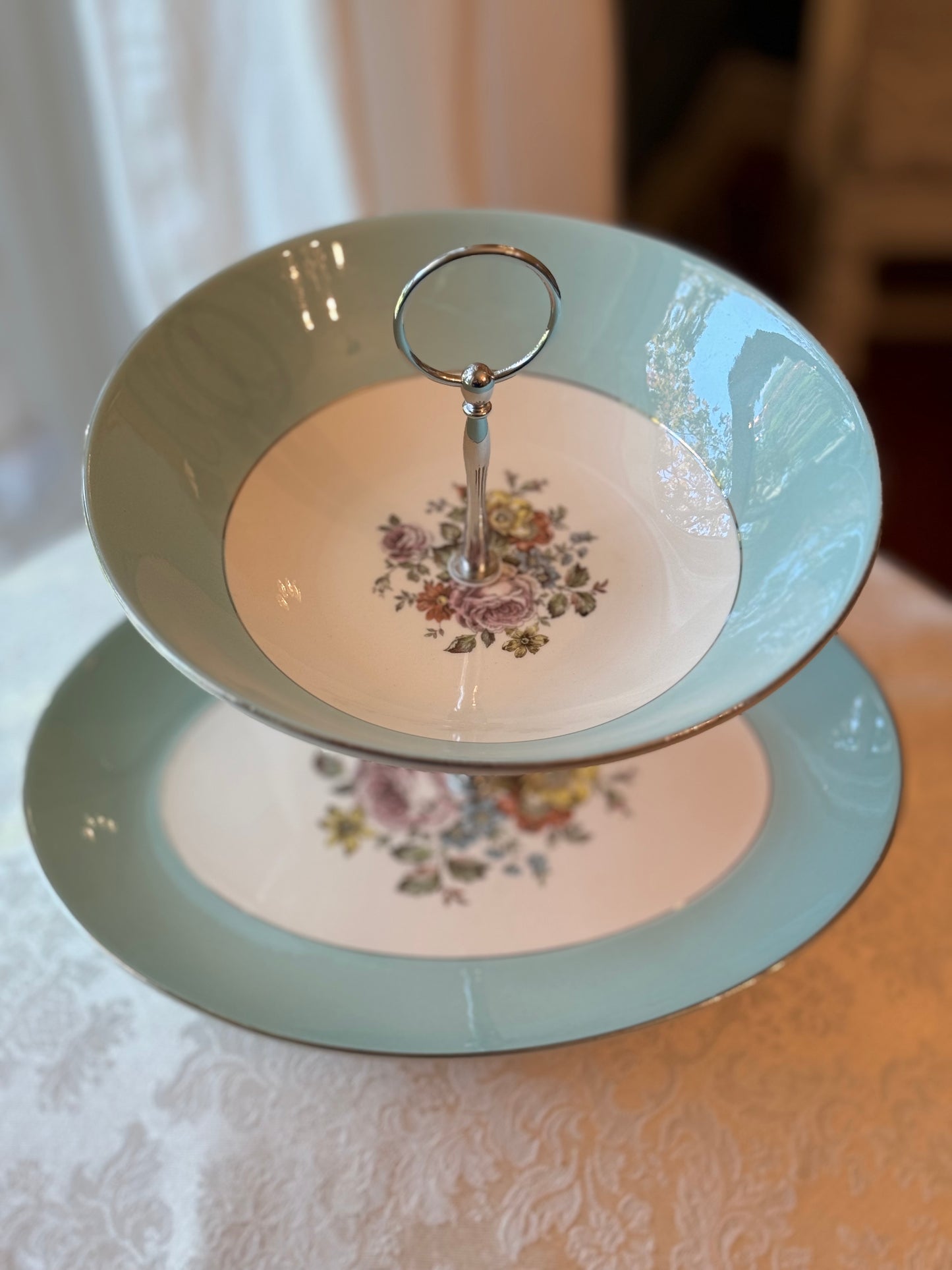 Tiered tray vintage china aqua floral