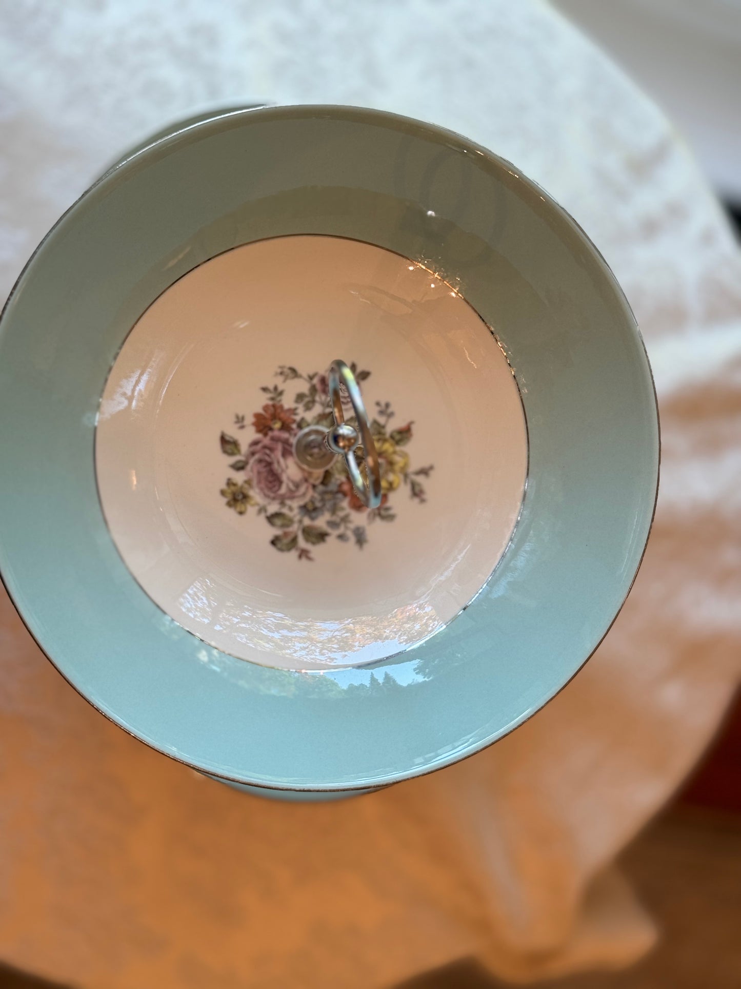 Tiered tray vintage china aqua floral