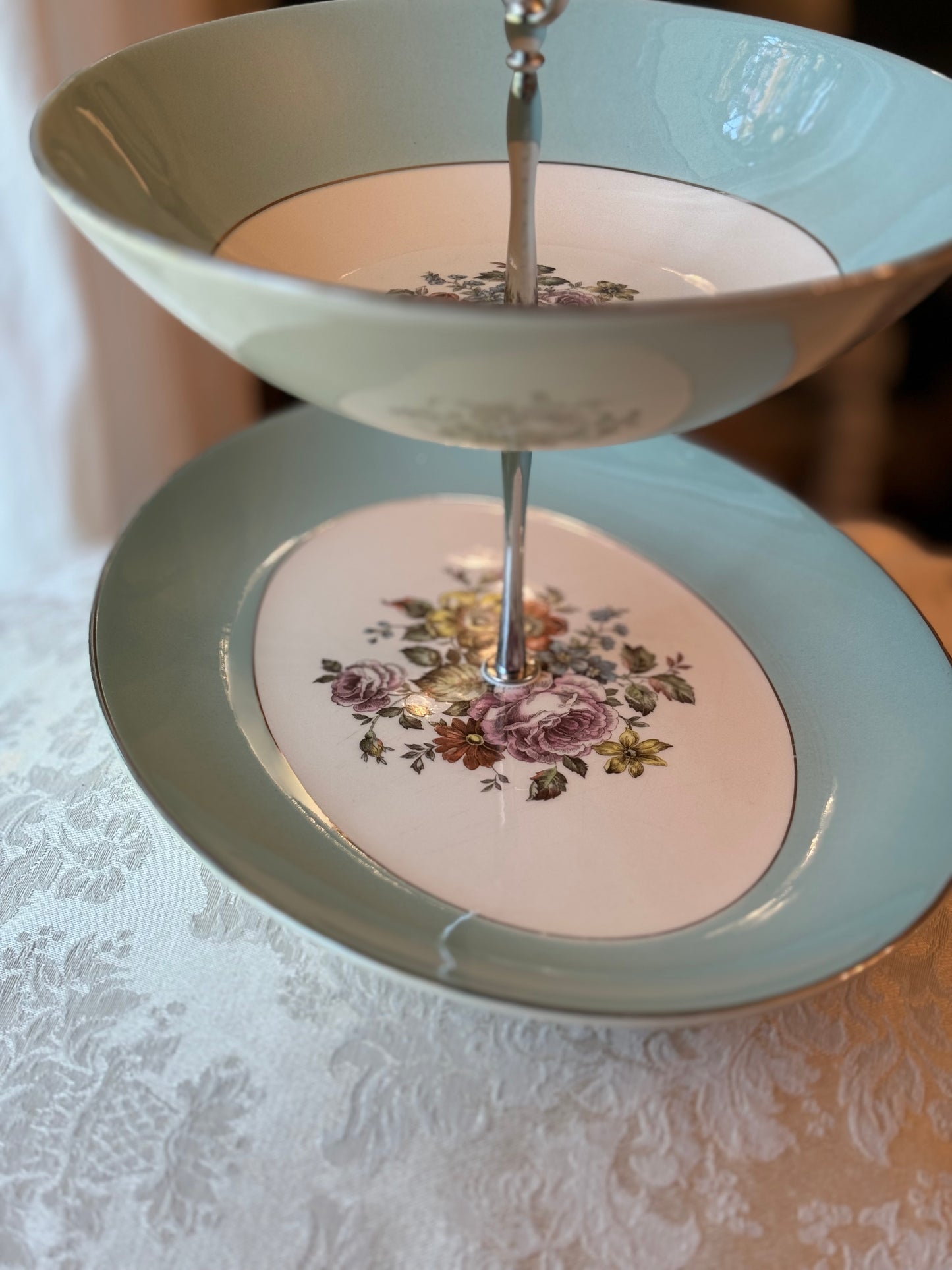 Tiered tray vintage china aqua floral