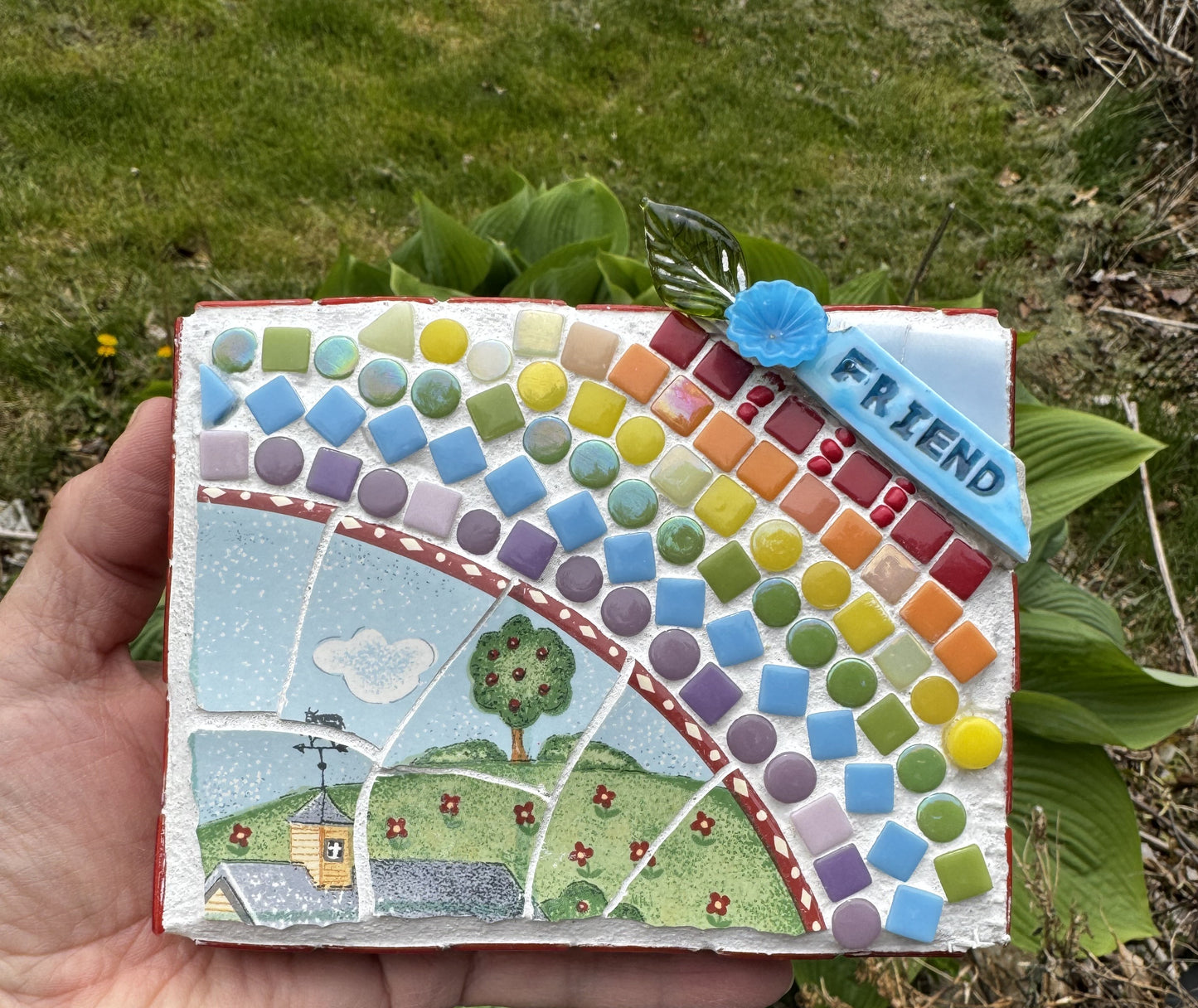 FRIEND mosaic rainbow of recycled glass tiles and "Green Acres" pattern from Sanyo