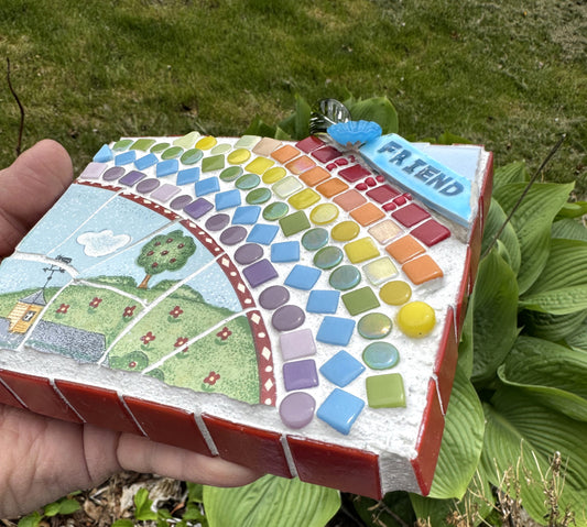 FRIEND mosaic rainbow of recycled glass tiles and "Green Acres" pattern from Sanyo