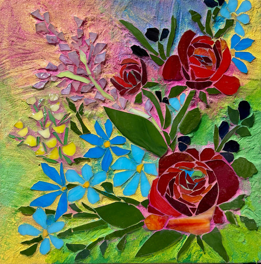 Floral in stained glass, red and blue
