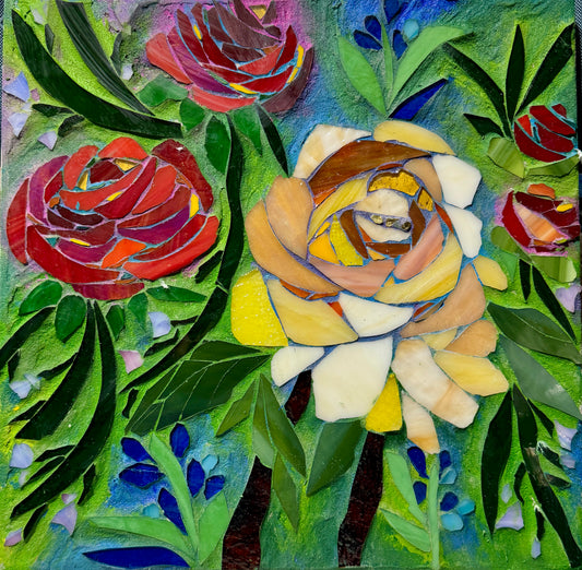 Floral in stained glass, red and yellow