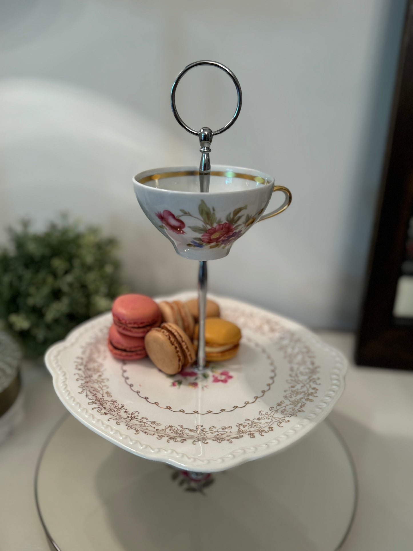 Tiered Tray Vintage China Pink Roses and Gold
