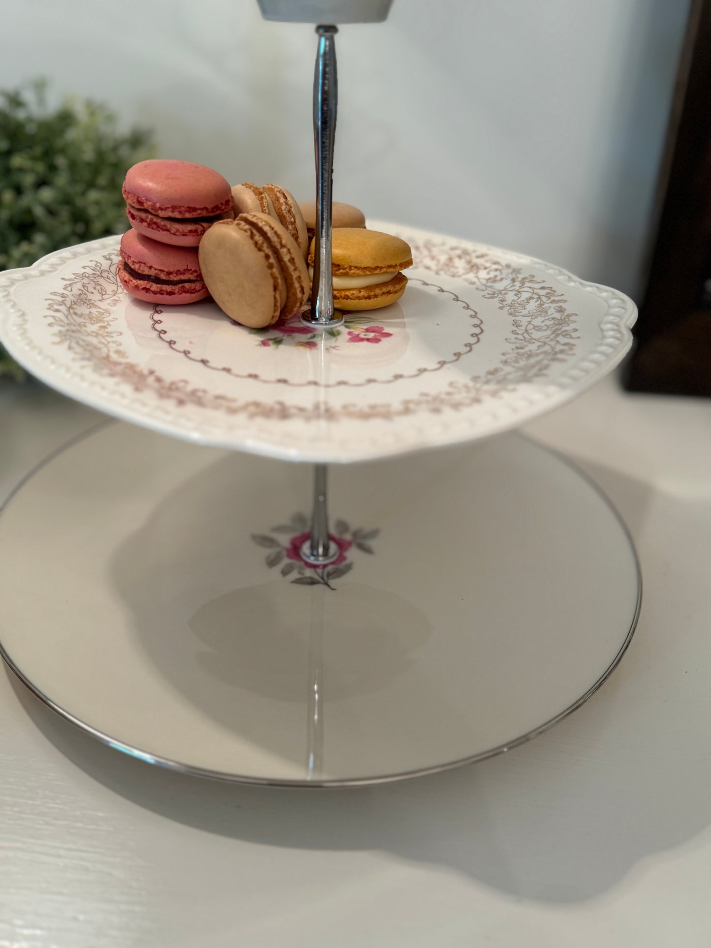 Tiered Tray Vintage China Pink Roses and Gold