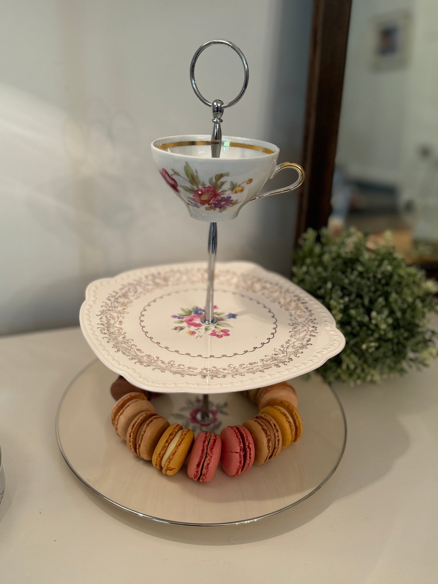 Tiered Tray Vintage China Pink Roses and Gold