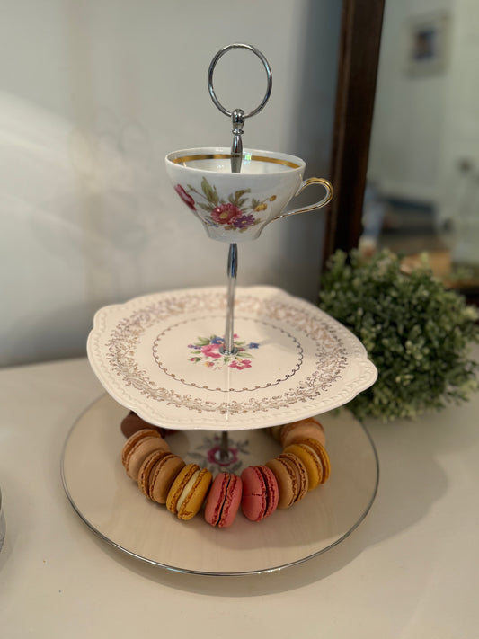 Tiered Tray Vintage China Pink Roses and Gold